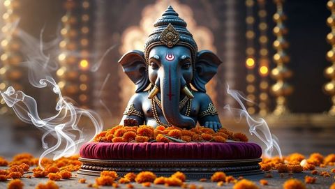 Ornate lord ganesha statue at temple with swirling incense and marigolds