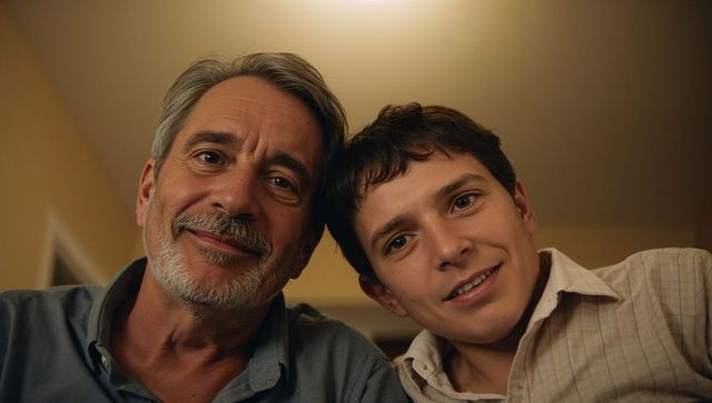 Father and son leaning together smiling warm indoor portrait conveying family bond
