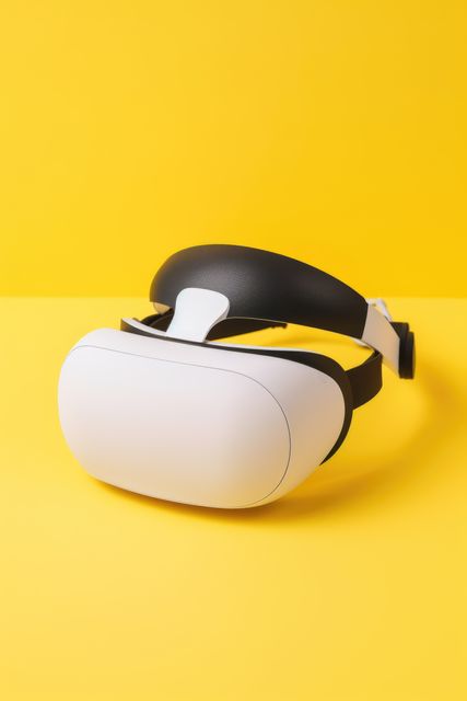 Stylish virtual reality headset lying against a bright yellow backdrop. Ideal for use in technology reviews, gaming promotions, product advertisements, and articles on innovative gadgets.