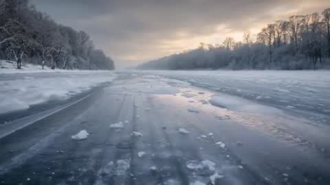 Dawn river freezing over with glassy ice striations and snowy forest banks