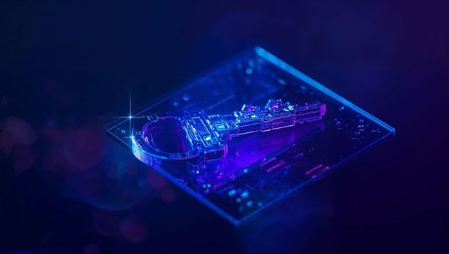 Neon Key Concept Symbolizing Futuristic Cybersecurity in Digital World