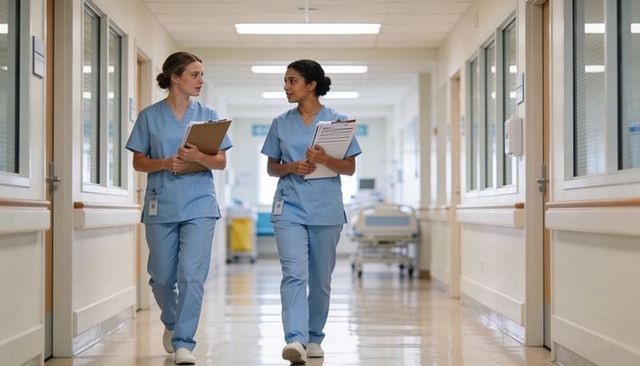 Two nurses walking in hospital corridor holding clipboards discussing patient care