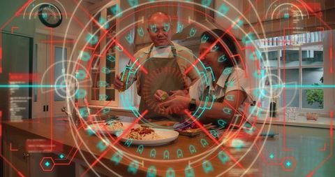 Couple Preparing Pasta Using Augmented Reality HUD Overlay in Modern Home Kitchen