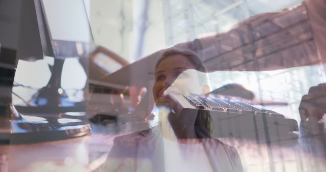 Woman Using Computer in Modern Workspace with Double Exposure Effect - Download Free Stock Images Pikwizard.com