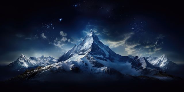 Depicts mystical mountain peak covered in snow under dark starry night sky. Perfect for backgrounds, fantasy themes, desktop wallpapers, adventure promotions, and inspirational visuals.