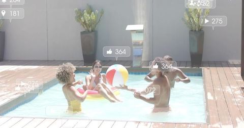 Friends enjoying backyard plunge pool splashing and tossing beach ball with social likes overlay
