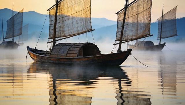 Traditional wooden junk boat gliding through misty lake at sunrise