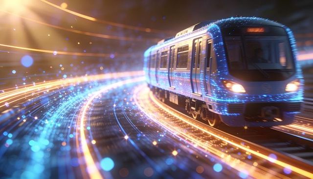 High-speed electric train racing through tunnel with glowing blue and amber light trails