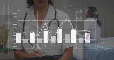 Clinician holding clipboard with stethoscope overlaid medical data graphs pediatric clinic