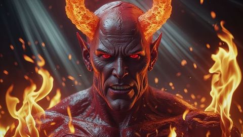 Fiery horned satan amidst flames in dark arena