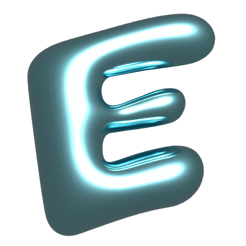 Glowing inflated 3d e with cyan highlights on transparent background glossy neon letter
