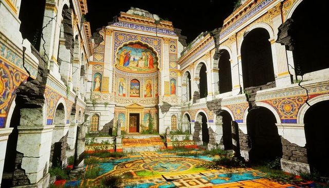 Nighttime ornate mosaic courtyard in ruined palace with frescoed façade and arched colonnade