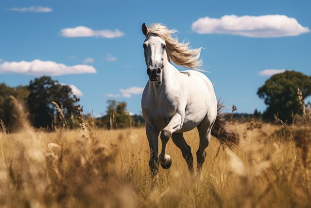 White horse galloping in field on sunny day, created using generative ai technology. Horse, animal, nature, freedom and movement concept digitally generated image.