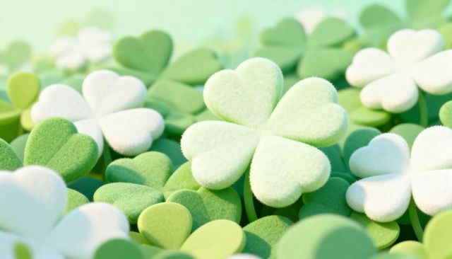 Soft felt four-leaf clover macro in pastel greens for st patrick day lucky background