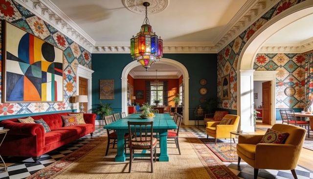 Turquoise dining table in ornate eclectic dining room with multicolored stained-glass chandelier