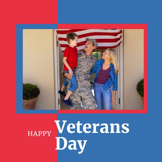 An ideal visual for honoring and celebrating Veterans Day. It captures a soldier in uniform joyfully reuniting with his family in front of an American flag. Perfect for promoting military support, raising awareness about the significance of the holiday, and illustrating family reunification. Useful in both digital and print ads, social media campaigns, and patriotic-themed events or publications.