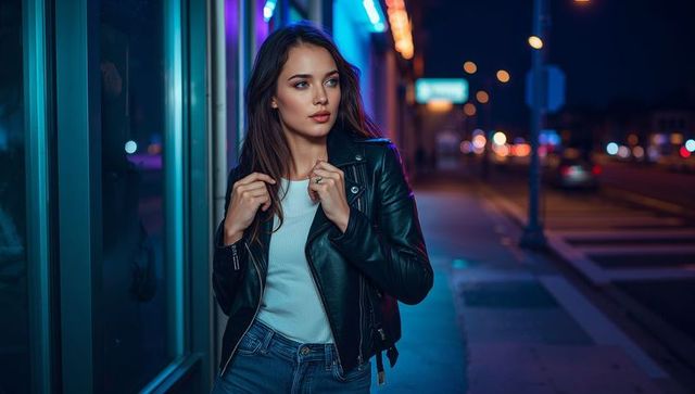 Young woman holding leather jacket standing on neon-lit sidewalk at night looking right