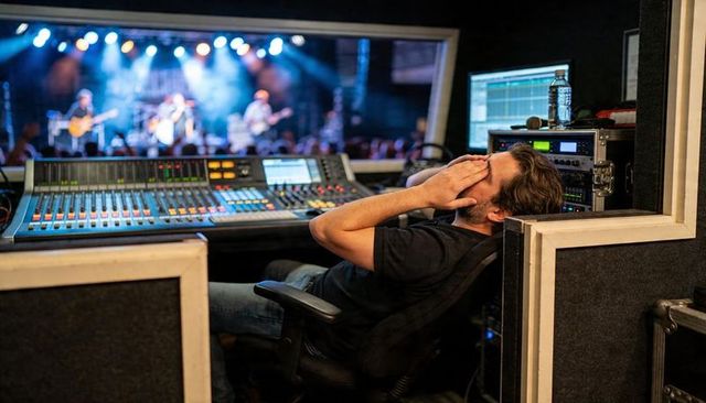 Exhausted live sound engineer leaning and covering face at mixing console during concert