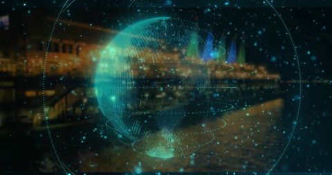 Futuristic Holographic Earth Over Nighttime Riverfront