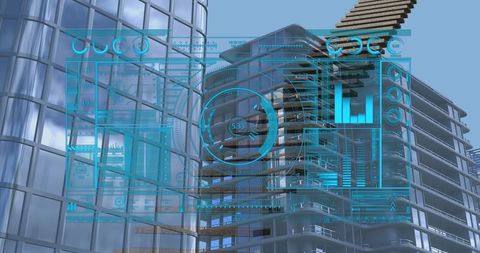 Futuristic Data Interface Over Modern Architecture