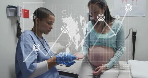 Nurse preparing prenatal injection consulting expectant mother with health data overlay