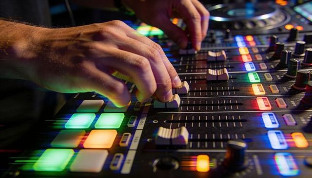 Dj mixing live on digital mixer with colorful led pads and faders, hands adjusting controls