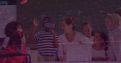 Child Using VR Headset in Interactive Classroom Environment