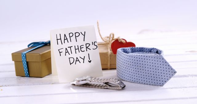 Father's Day Greeting Card with Tie and Gifts on White Wooden Background - Download Free Stock Images Pikwizard.com