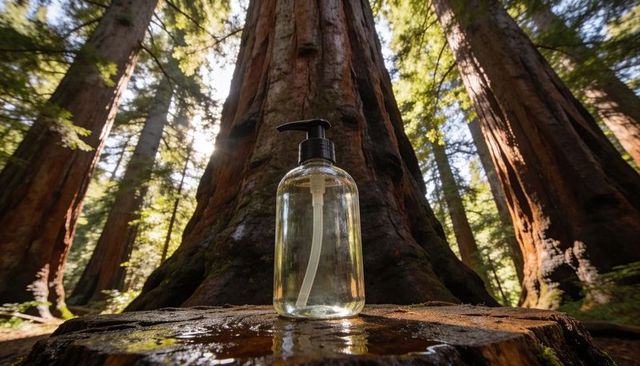 Clear pump dispenser shining on mossy stump in sunlit sequoia grove, eco product concept