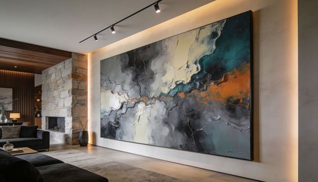 Contemporary living room featuring oversized abstract canvas with led backlighting, spotlights