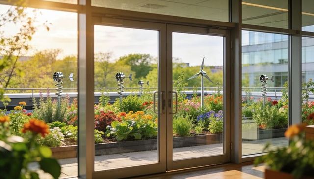 Opening glass doors revealing lush rooftop garden with raised planters and wind spinners