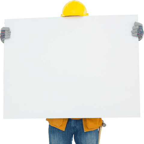 Transparent banner behind construction worker with blank safety sign