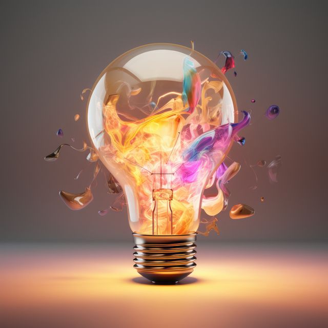 Light bulb with colour explosion on grey background, created using generative ai technology. Light, electricity, energy and explosion concept digitally generated image.