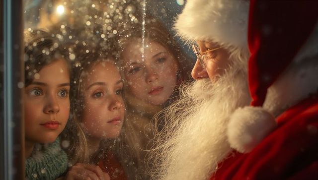 Magical Santa Claus Connecting with Curious Children Through Snowy Glass