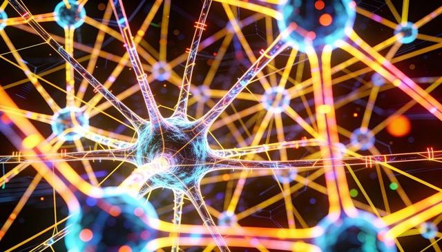 Neon neural network visualization showing glowing neurons and electrified synaptic web mesh
