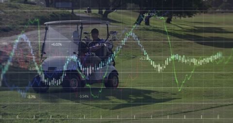 Golfers enjoying game with financial trading data overlay