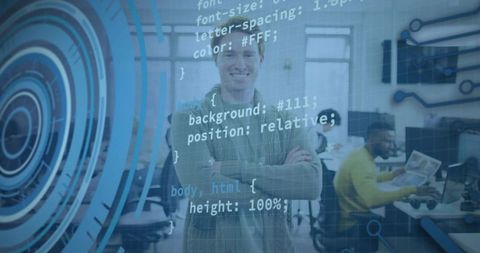 Confident developer standing with arms crossed in modern tech office with code overlay