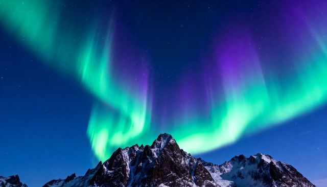 Dancing aurora illuminating jagged snow-covered mountain peak with green purple curtains