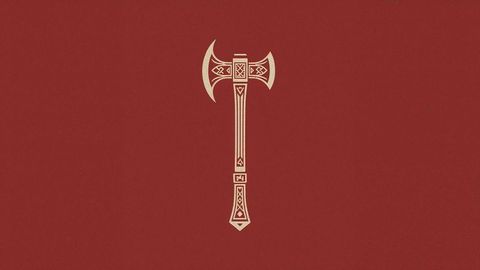 Stylized golden double-headed axe on deep red background