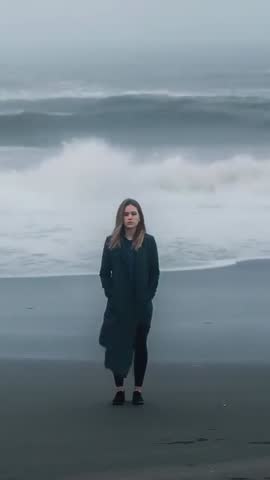 Woman walking on stormy shoreline vertical clip, balancing on wet sand with crashing waves
