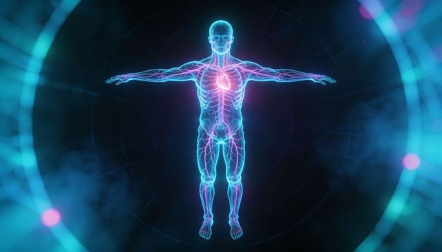 Neon holographic human anatomy showing glowing heart and full vascular network in futuristic scan