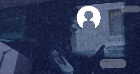Commuter woman checking smartphone messages inside car silhouette with chat overlay