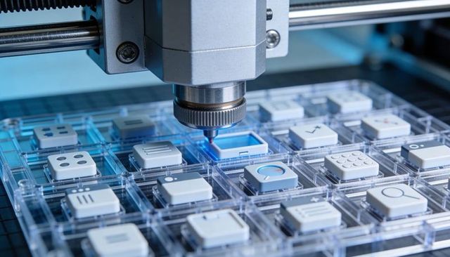 Laser marking keycaps on automated gantry for precision keyboard production blue laser
