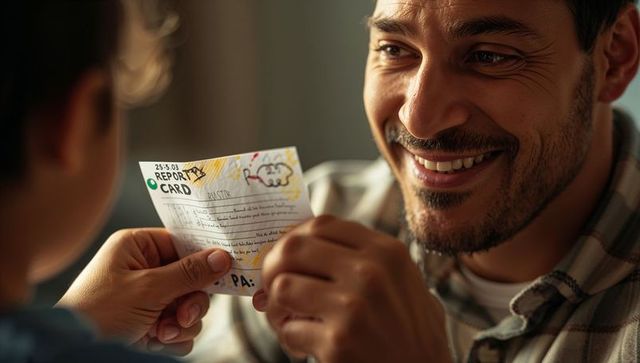 Smiling father accepting colorful report card from child, celebrating school achievement