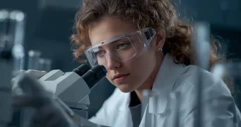 Focused Female Scientist Analyzing Samples Through Microscope