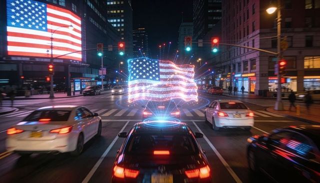 Hologram american flag hovering over city street at night with traffic and led billboards