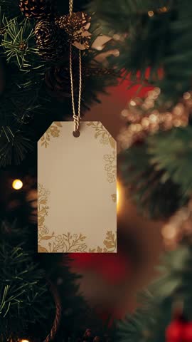 Swaying pine branch with blank floral gift tag and warm twinkling lights vertical holiday video
