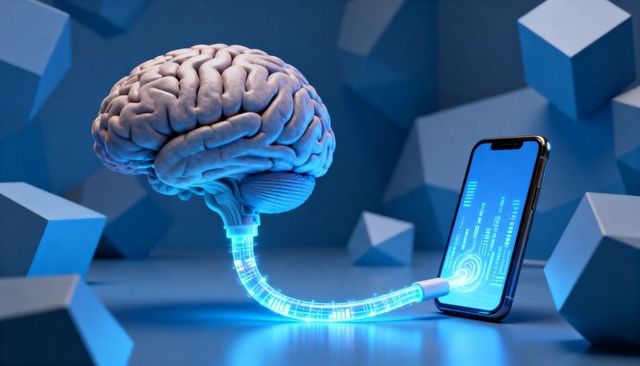 Hovering brain connecting to smartphone via glowing neural data cable and holographic ui