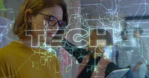 Woman Engaging with Technology in Innovative Work Environment