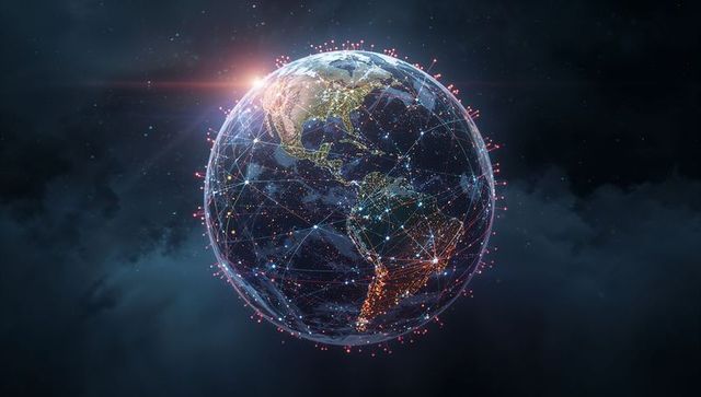 Digital Earth with Network Connections and Sunset in Space